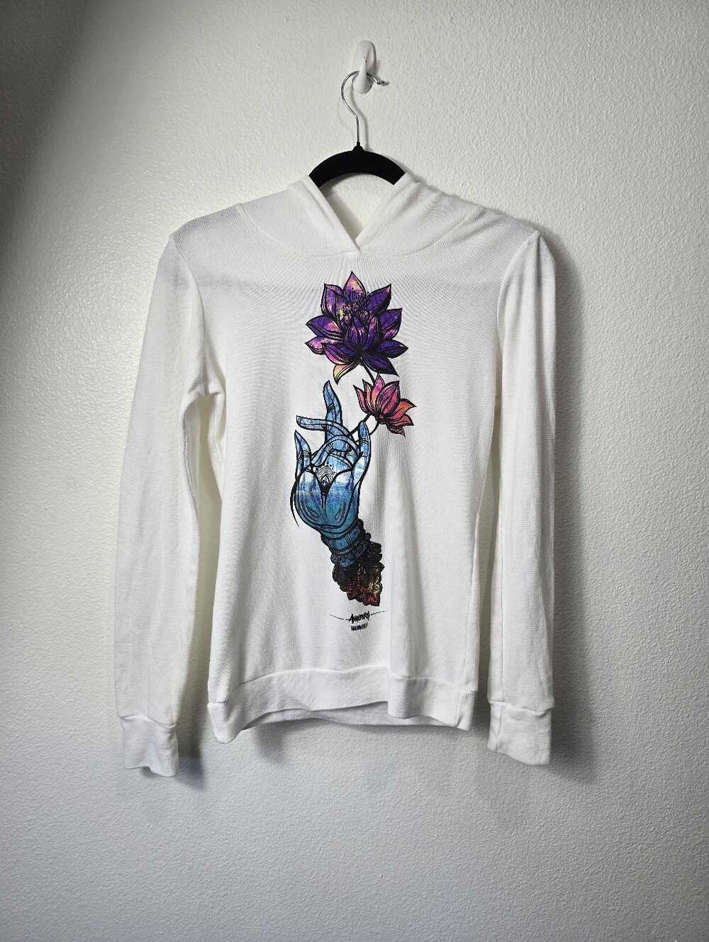 White Top with With Hoodie Blue Hand & Purple Lotus Graphic
